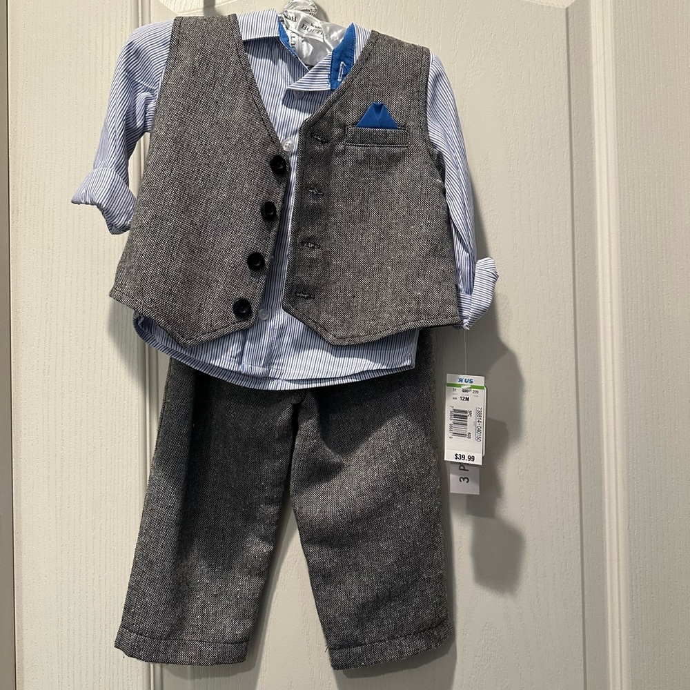 Koala Baby Boutique grey suit with blue striped shirt